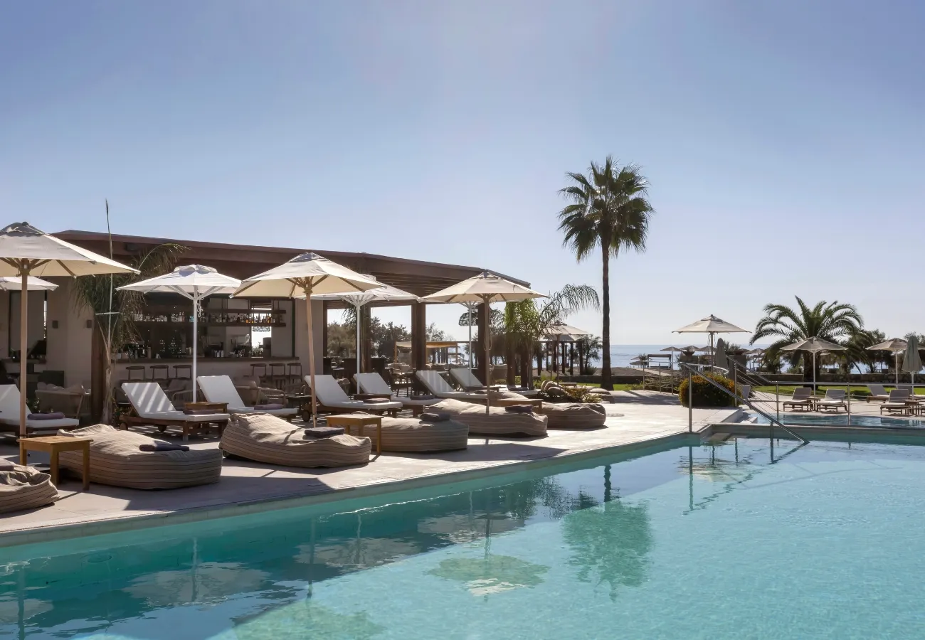 Coastal views and aperitivos at The Spritzeria near the main pool at Aulus Lindos Rhodes