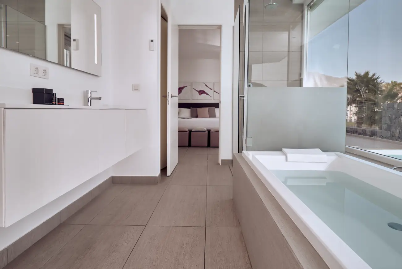 Sapphire One Bedroom Suite with Sea View and Private Pool fully equipped kitchen and hallway