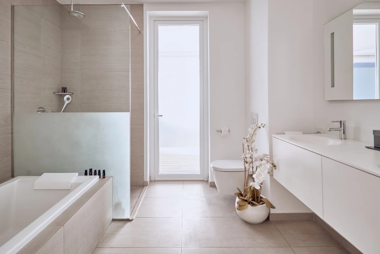 Sapphire Two Bedroom Suite with Sea View and Private Pool bathroom with walk-in rain shower