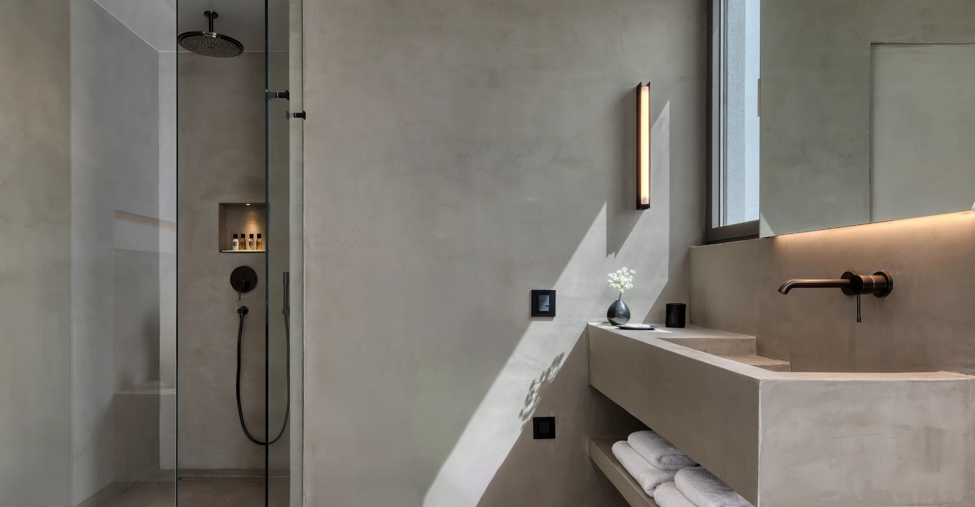 Modern bathroom with rainfall shower and concrete sink at Domes White Coast Milos.