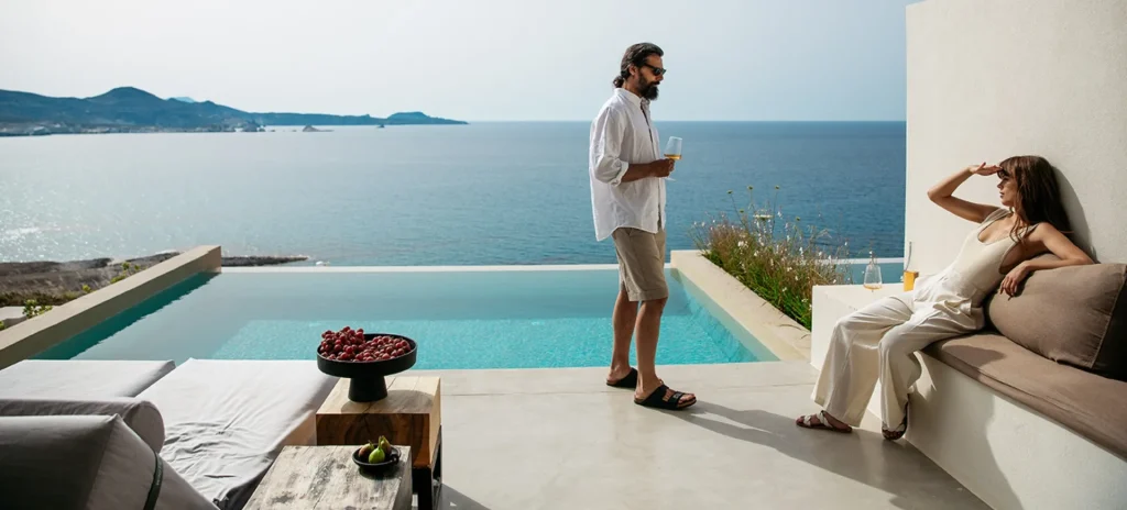 Luxury suite for honeymooners with an oversized balcony with sublime sea view and private infinity pool at Domes White Coast Milos