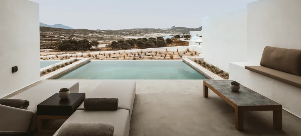 Deluxe luxurious suite with horizon view and an oversized balcony at Domes White Coast Milos